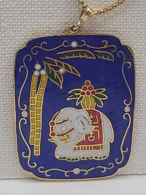 Vtg Cloisonne Elephant Pendant Necklace Blue Enamel Gold Tone 24" Chain